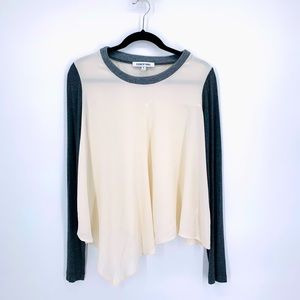 Elizabeth + James Cream and Grey Asymmetric Silk Blouse Size Medium